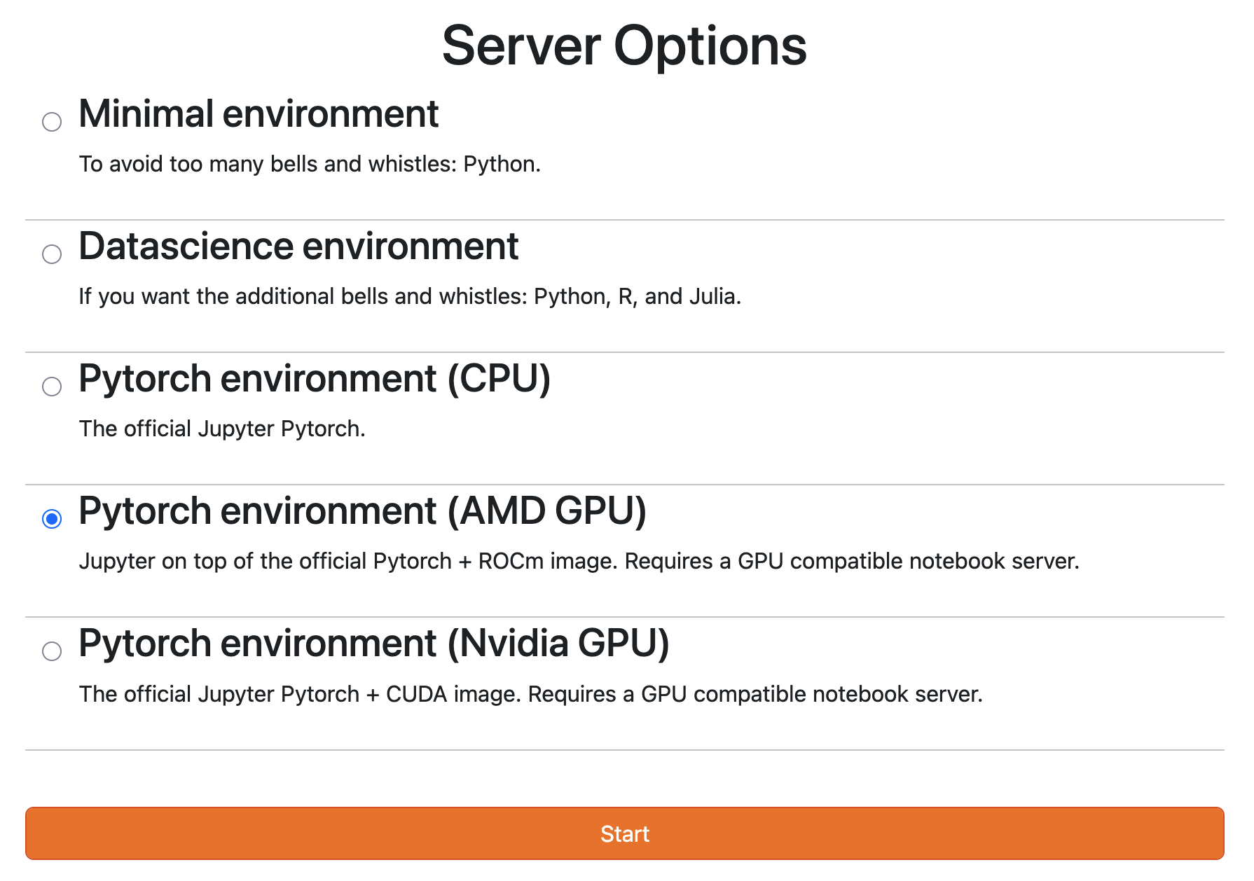 The "Server Options" drop-down when launching a JupyterHub server. Includes the "Pytorch environment (AMD GPU)" option.