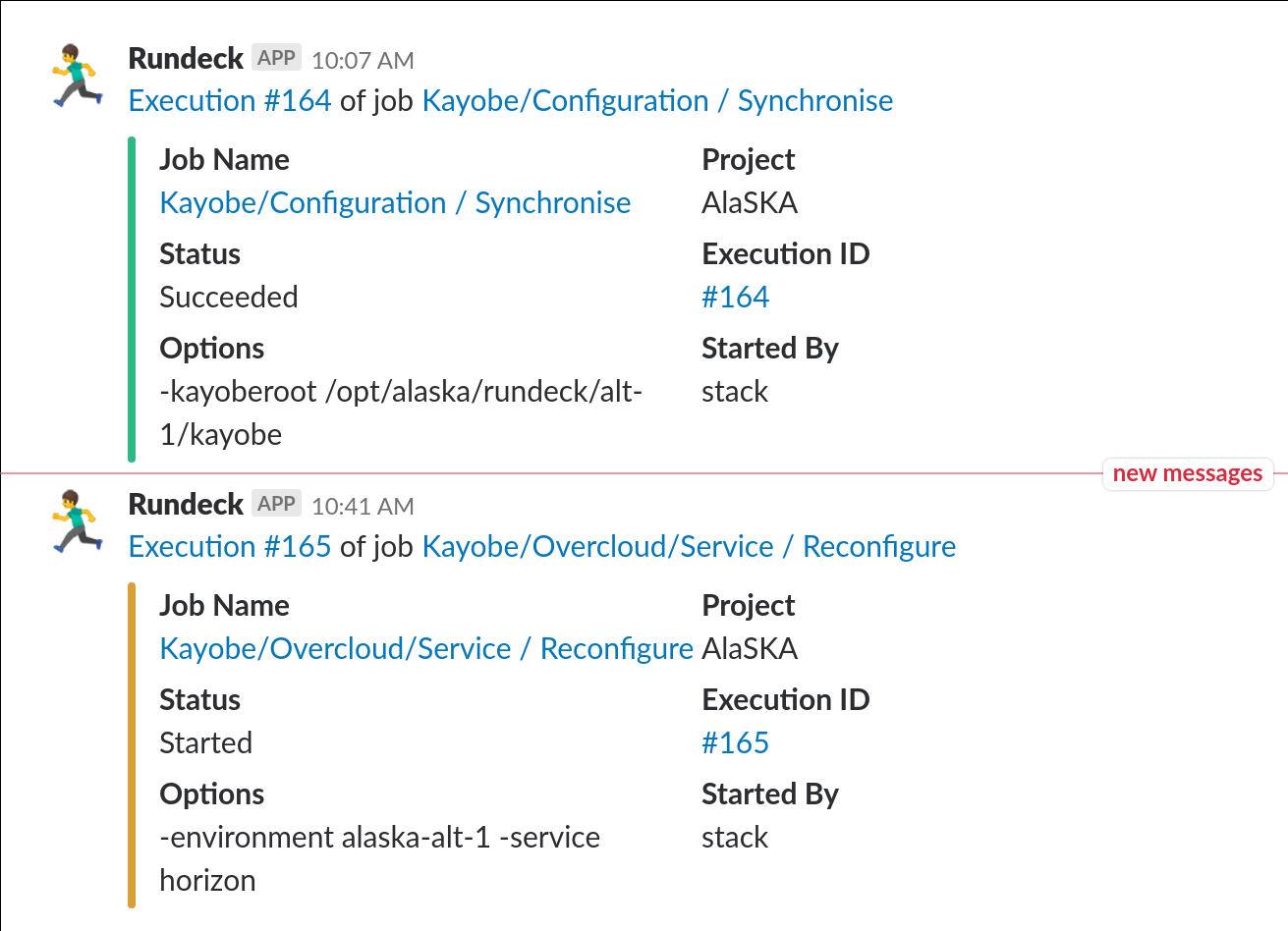 Screenshot showing Rundeck job status in Slack